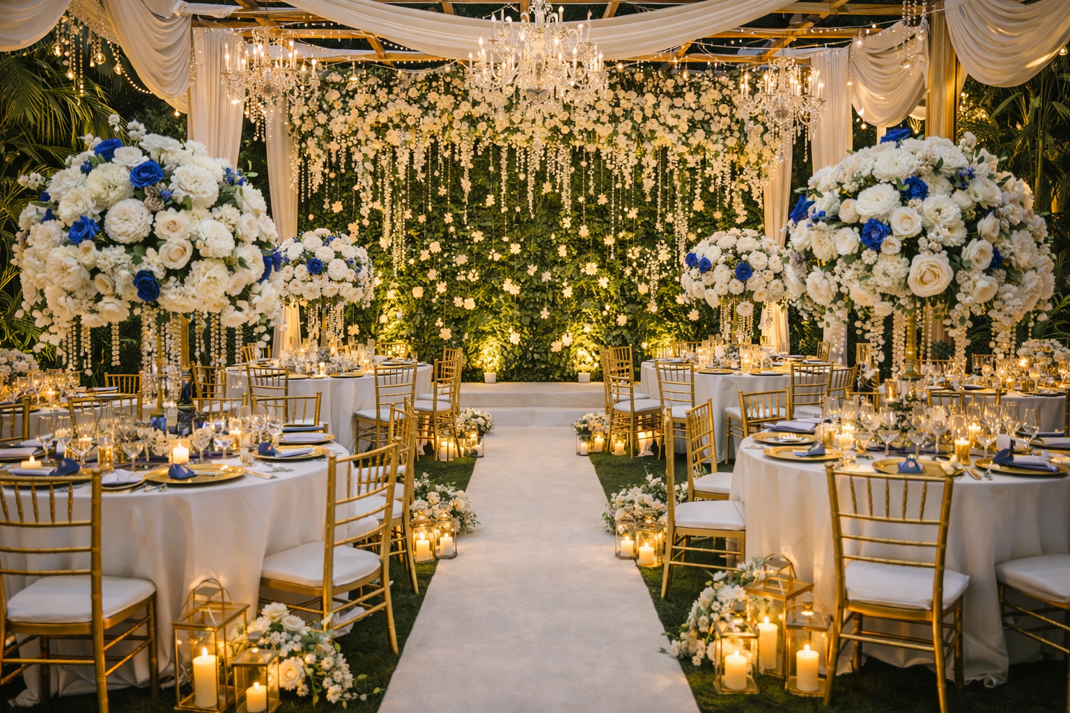 Outdoor wedding setup with chandeliers at Hidden Palace - luxury venue near Cap Haitien airport