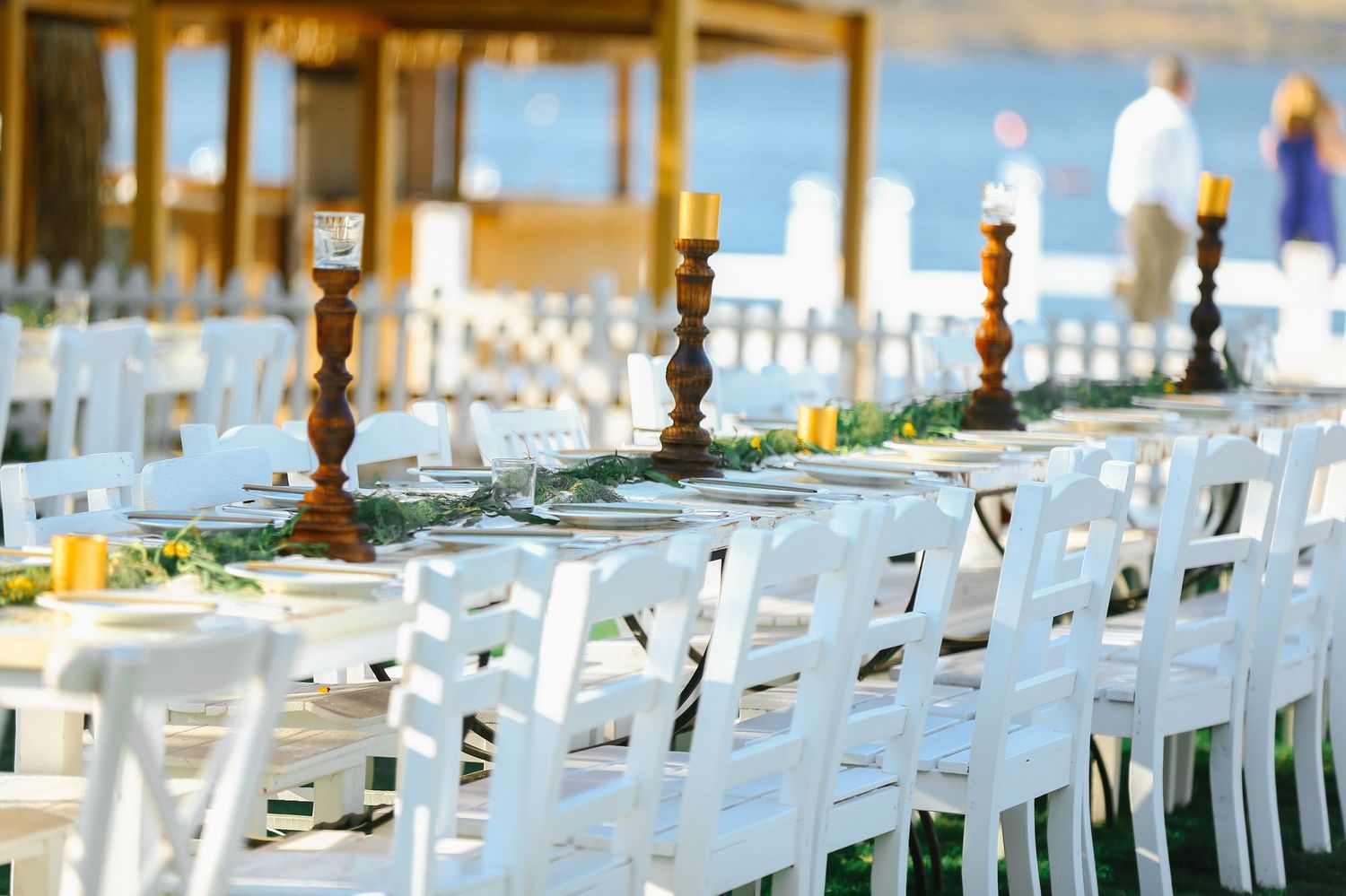 Outdoor seaside wedding reception table setup